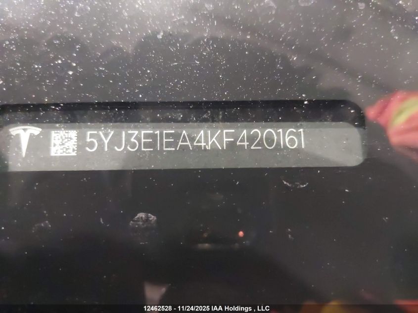 2019 Tesla Model 3 Long Range/Mid Range/Standard Range/Standard Range Plus VIN: 5YJ3E1EA4KF420161 Lot: 12462528