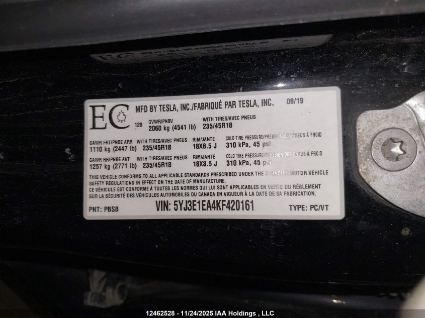 2019 Tesla Model 3 Long Range/Mid Range/Standard Range/Standard Range Plus VIN: 5YJ3E1EA4KF420161 Lot: 12462528