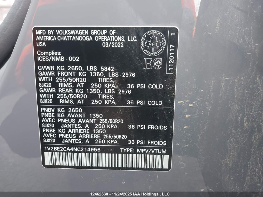 2022 Volkswagen Atlas Cross Sport 3.6 Fsi Highline VIN: 1V2BE2CA4NC214956 Lot: 12462530