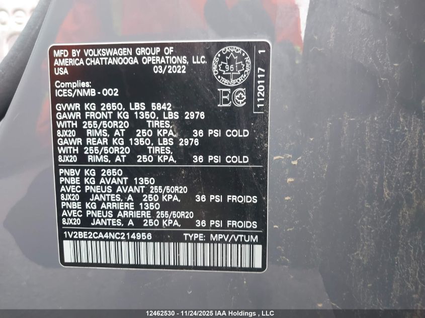 2022 Volkswagen Atlas Cross Sport 3.6 Fsi Highline VIN: 1V2BE2CA4NC214956 Lot: 12462530