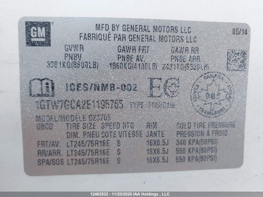 2014 GMC Savana G2500 VIN: 1GTW7GCA2E1195765 Lot: 12462532