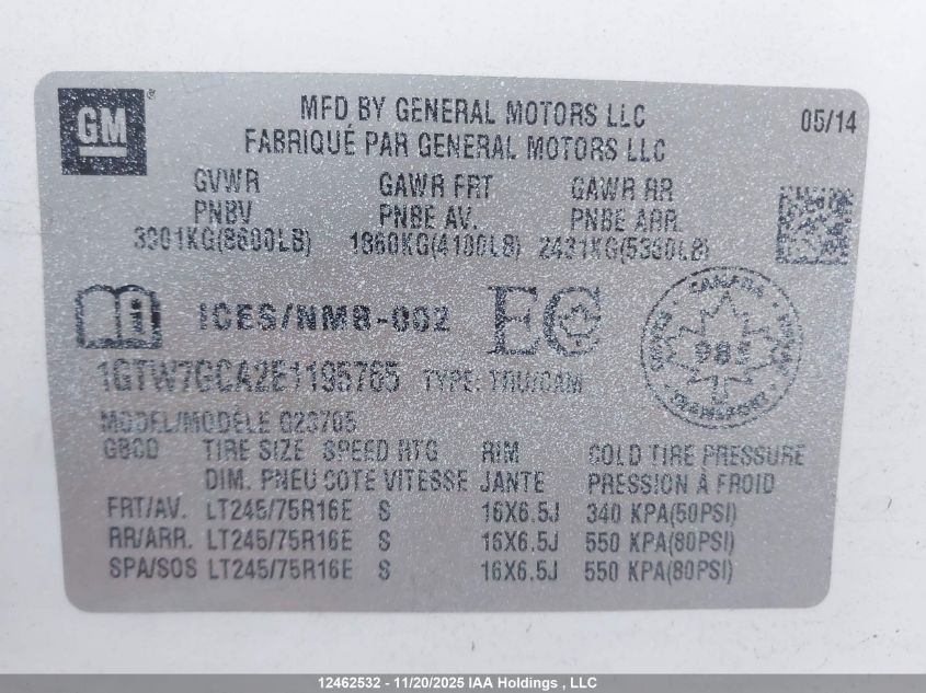 2014 GMC Savana G2500 VIN: 1GTW7GCA2E1195765 Lot: 12462532