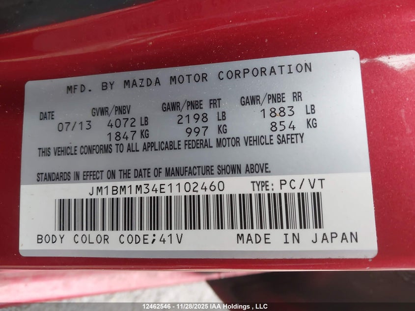 JM1BM1M34E1102460 2014 MAZDA 3 photo no. 9