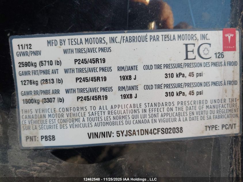 2012 Tesla Model S Signature VIN: 5YJSA1DN4CFS02038 Lot: 12462548