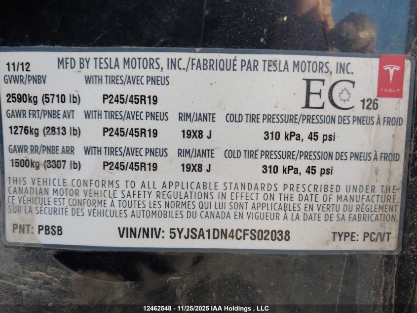 2012 Tesla Model S Signature VIN: 5YJSA1DN4CFS02038 Lot: 12462548
