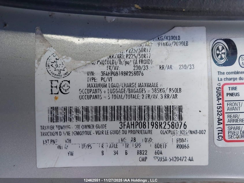 3FAHP08198R258076 2008 FORD FUSION photo no. 9