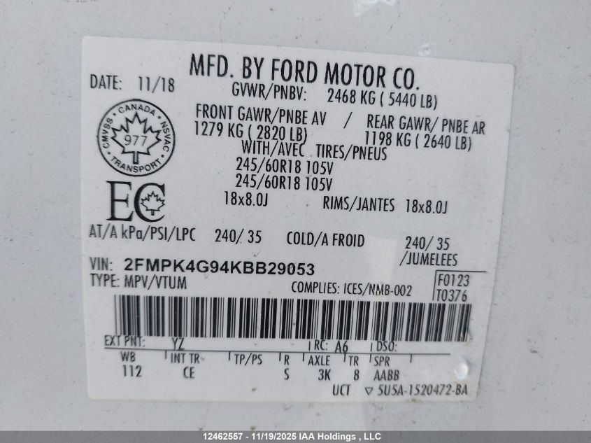 2019 Ford Edge Se VIN: 2FMPK4G94KBB29053 Lot: 12462557