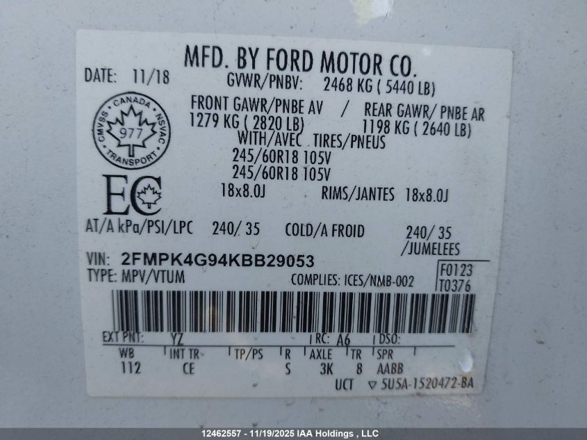 2019 Ford Edge Se VIN: 2FMPK4G94KBB29053 Lot: 12462557