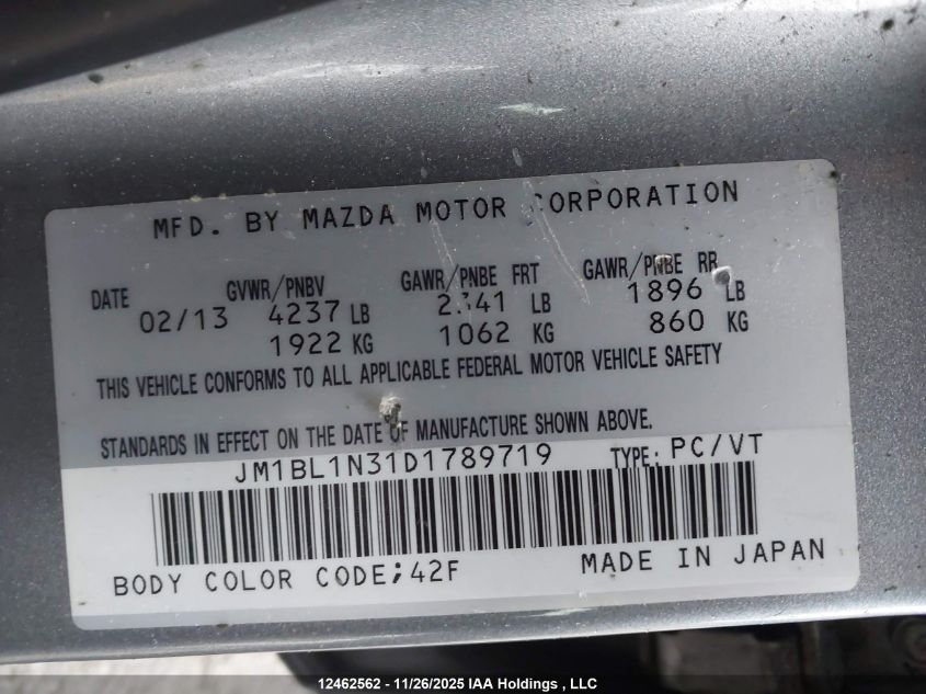 2013 Mazda Mazda3 Mazdaspeed3 VIN: JM1BL1N31D1789719 Lot: 12462562