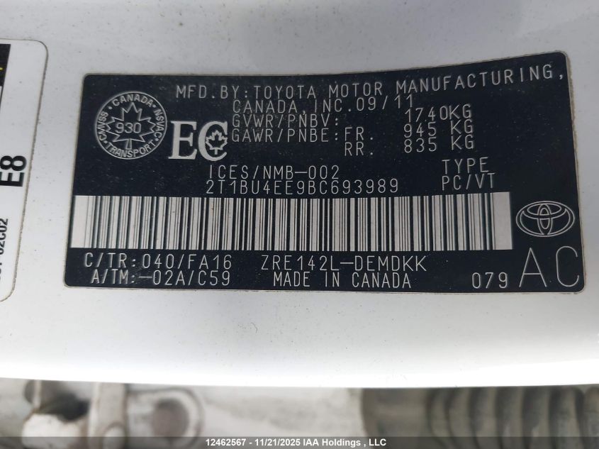 2011 Toyota Corolla Ce VIN: 2T1BU4EE9BC693989 Lot: 12462567