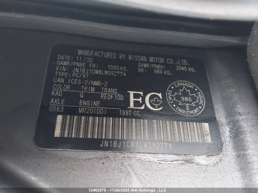 2020 Nissan Qashqai VIN: JN1BJ1CW8LW392774 Lot: 12462575