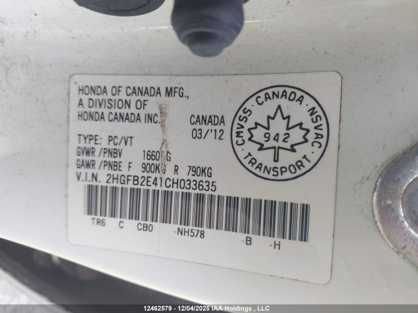 2012 Honda Civic Lx VIN: 2HGFB2E41CH033635 Lot: 12462579