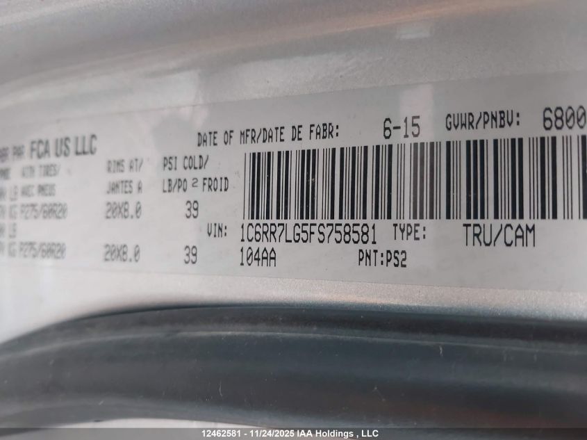 2015 Dodge Ram 1500 VIN: 1C6RR7LG5FS758581 Lot: 12462581