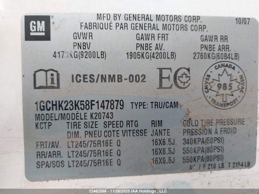 2008 Chevrolet Silverado 2500Hd Lt VIN: 1GCHK23K58F147879 Lot: 12462586