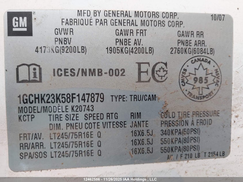2008 Chevrolet Silverado 2500Hd Lt VIN: 1GCHK23K58F147879 Lot: 12462586