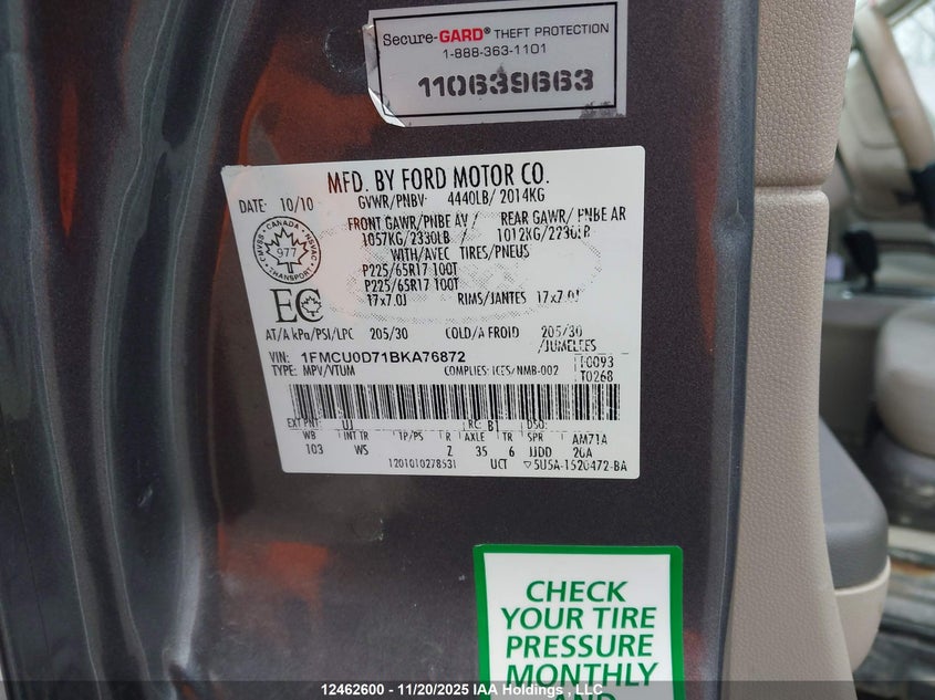 1FMCU0D71BKA76872 2011 FORD ESCAPE photo no. 9