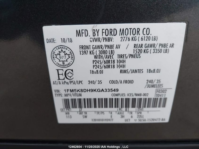 2019 Ford Explorer Xlt VIN: 1FM5K8DH9KGA33549 Lot: 12462604