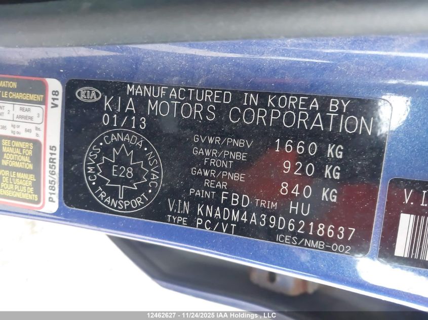 2013 Kia Rio Ex/Lx/Lx+/Sx VIN: KNADM4A39D6218637 Lot: 12462627