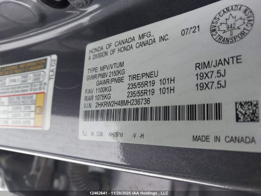 2021 Honda Cr-V Sport VIN: 2HKRW2H48MH236736 Lot: 12462641