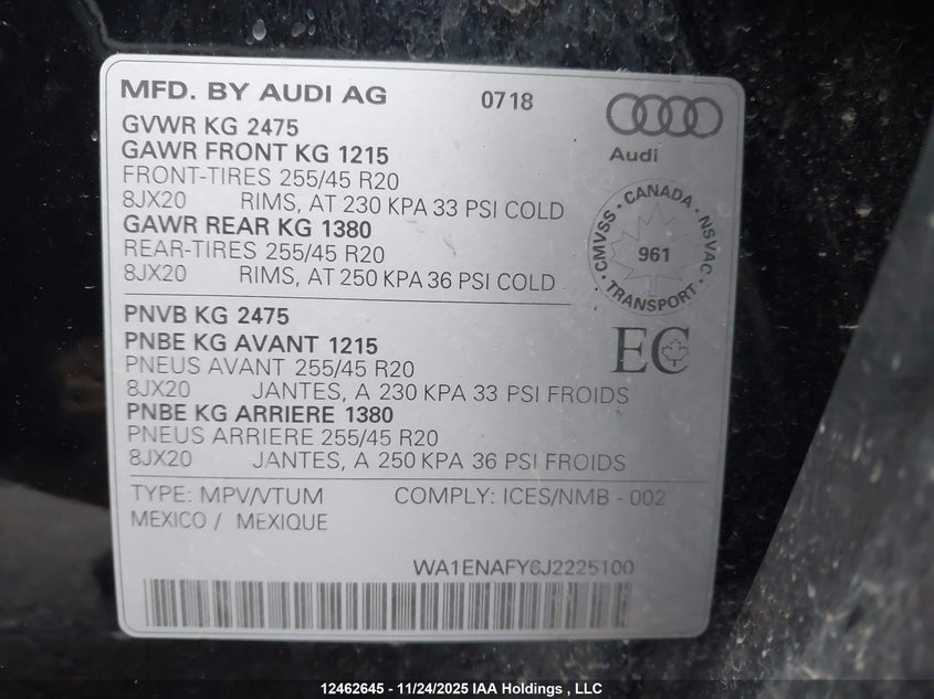 2018 Audi Q5 2.0T Progressiv VIN: WA1ENAFY6J2225100 Lot: 12462645