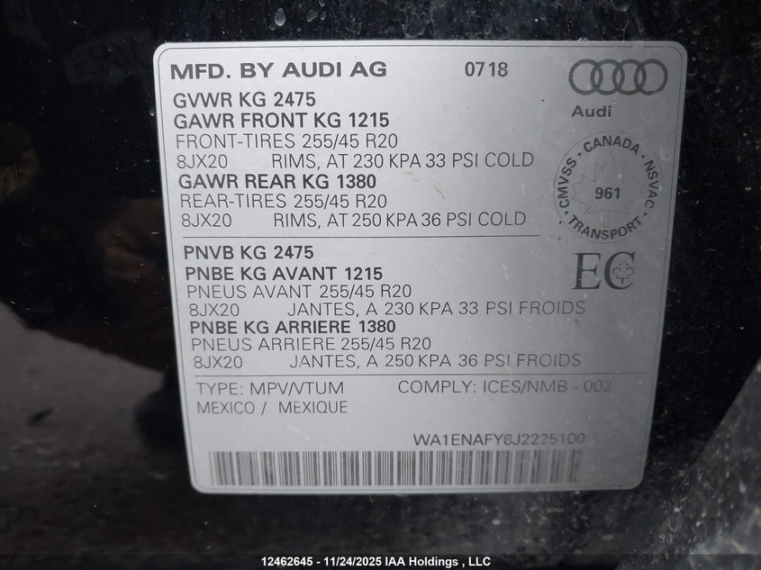 2018 Audi Q5 2.0T Progressiv VIN: WA1ENAFY6J2225100 Lot: 12462645