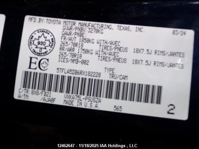 2024 Toyota Tundra Sr VIN: 5TFLA5DB6RX182228 Lot: 12462647