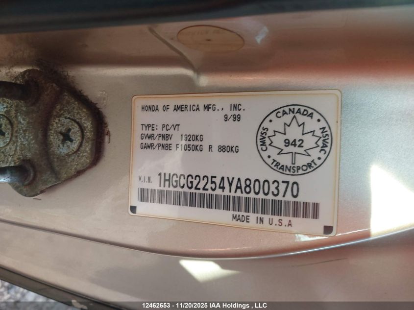 2000 Honda Accord Ex VIN: 1HGCG2254YA800370 Lot: 12462653