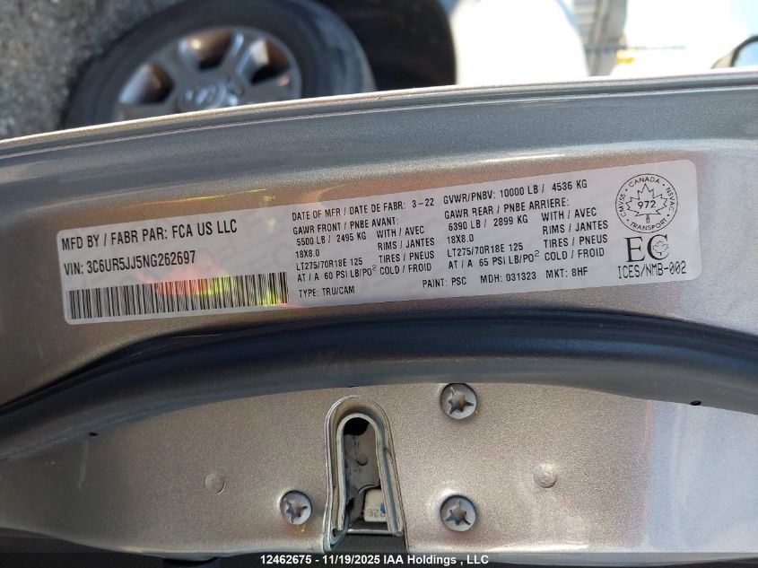 2022 Ram 2500 Big Horn/Lone Star VIN: 3C6UR5JJ5NG262697 Lot: 12462675