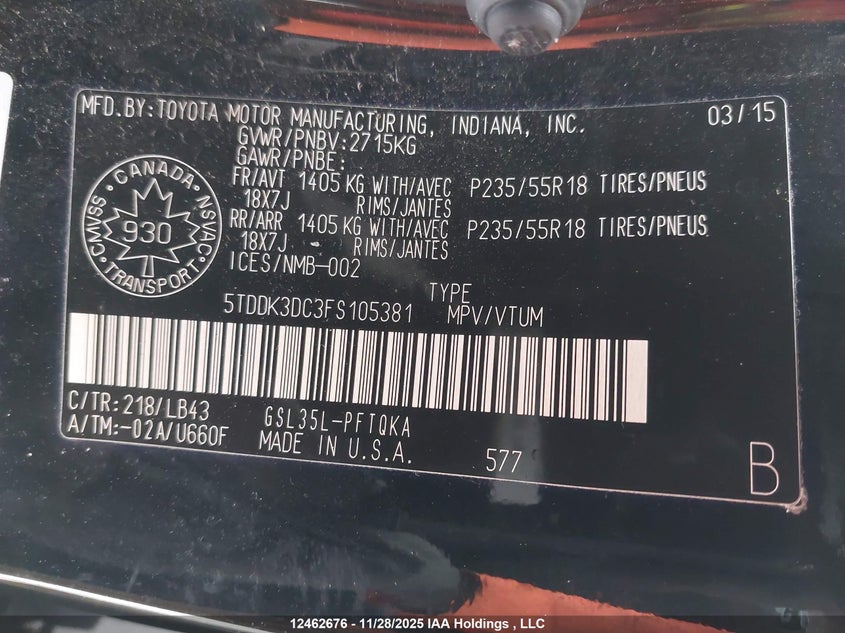 5TDDK3DC3FS105381 2015 TOYOTA SIENNA photo no. 19