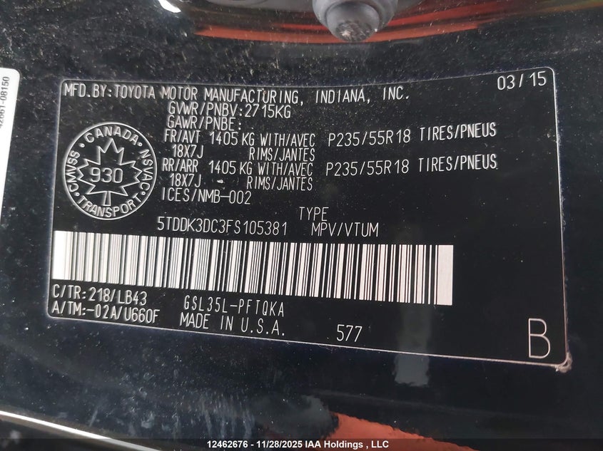 5TDDK3DC3FS105381 2015 TOYOTA SIENNA photo no. 9
