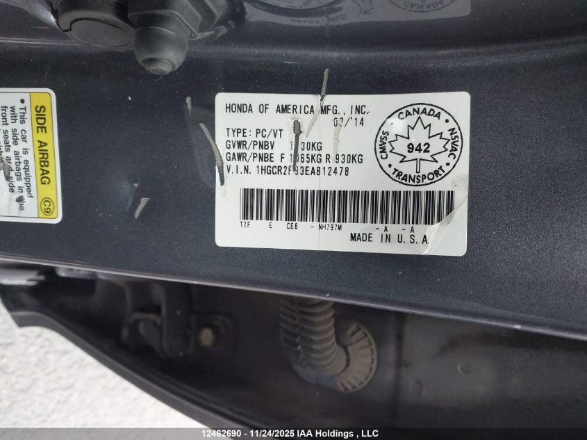 2014 Honda Accord Touring VIN: 1HGCR2F93EA812478 Lot: 12462690