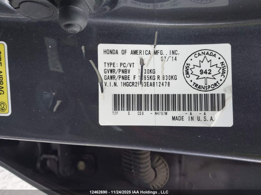 2014 Honda Accord Touring VIN: 1HGCR2F93EA812478 Lot: 12462690