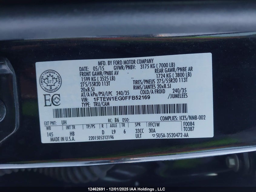1FTEW1EG0FFB52169 2015 FORD F-150 photo no. 9