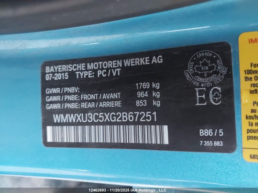 2016 Mini 5 Door Cooper S VIN: WMWXU3C5XG2B67251 Lot: 12462693