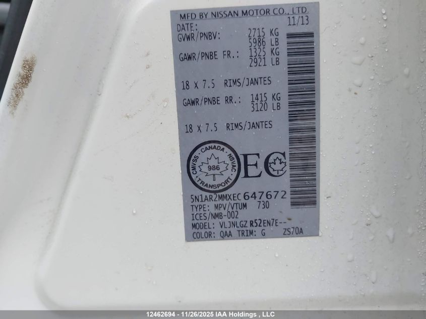 2014 Nissan Pathfinder VIN: 5N1AR2MMXEC647672 Lot: 12462694