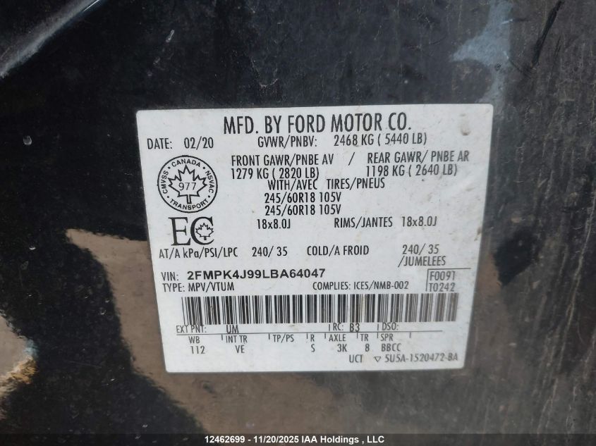 2020 Ford Edge Sel VIN: 2FMPK4J99LBA64047 Lot: 12462699