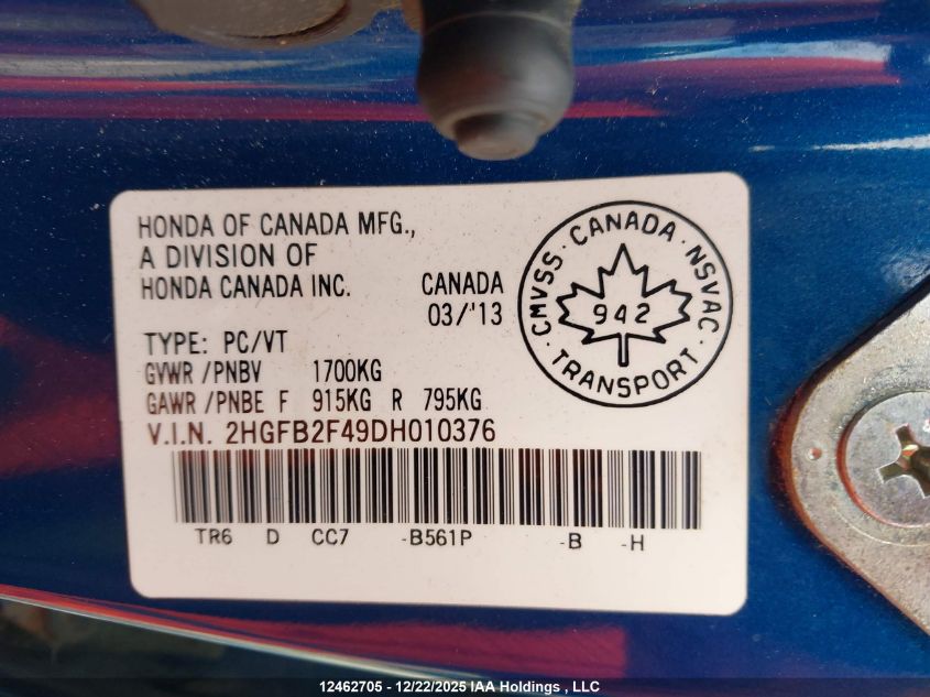 2013 Honda Civic Lx VIN: 2HGFB2F49DH010376 Lot: 12462705