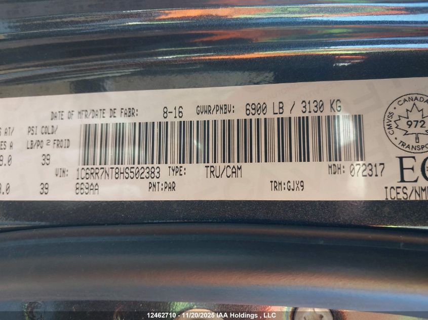 2017 Ram 1500 Laramie VIN: 1C6RR7NT8HS502383 Lot: 12462710