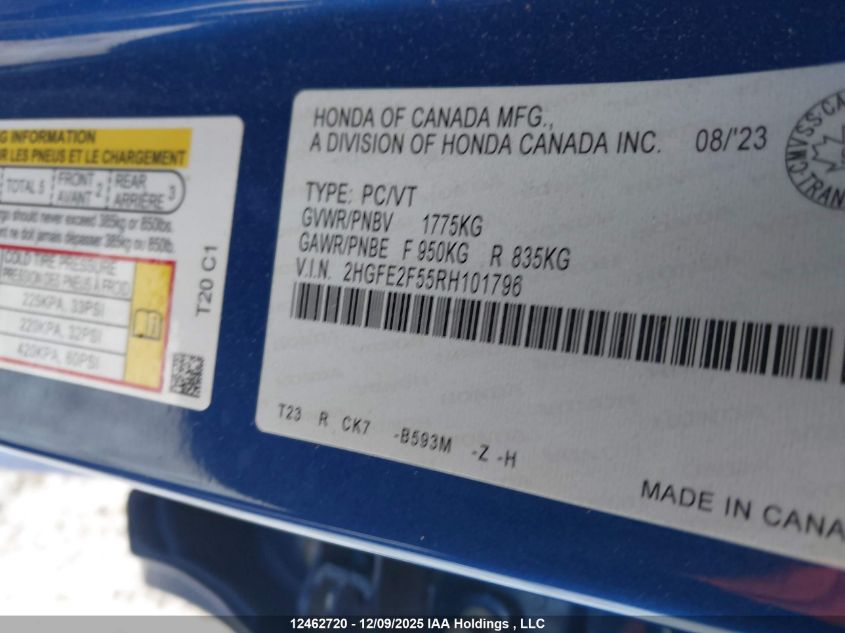 2024 Honda Civic Sport VIN: 2HGFE2F55RH101796 Lot: 12462720