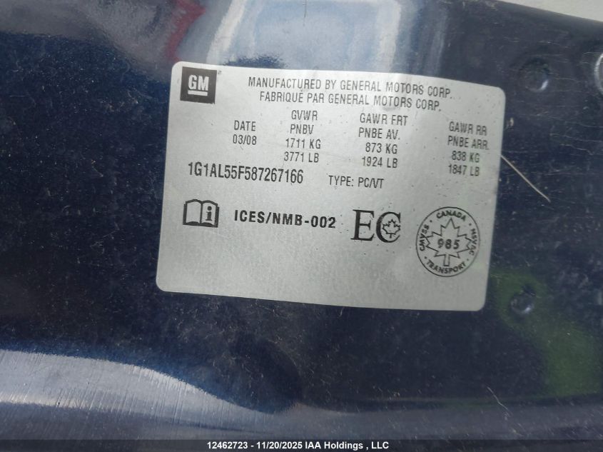 2008 Chevrolet Cobalt Lt VIN: 1G1AL55F587267166 Lot: 12462723