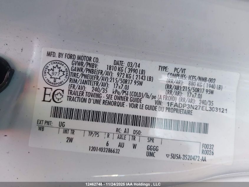 2014 Ford Focus VIN: 1FADP3N27EL303121 Lot: 12462748