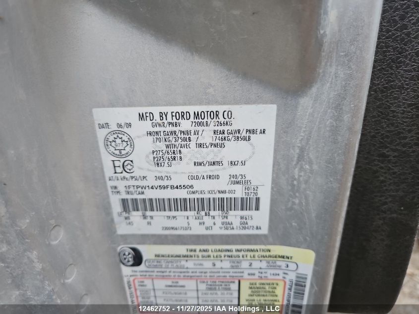 2009 Ford F-150 Fx4/King Ranch/Lariat/Platinum Package/Xlt VIN: 1FTPW14V59FB45506 Lot: 12462752