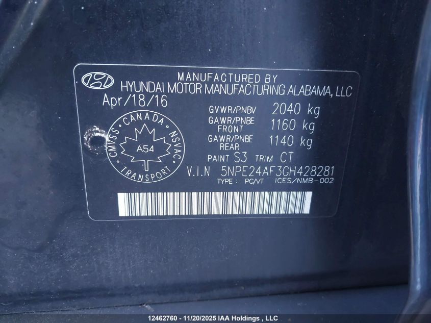 2016 Hyundai Sonata Gls VIN: 5NPE24AF3GH428281 Lot: 12462760