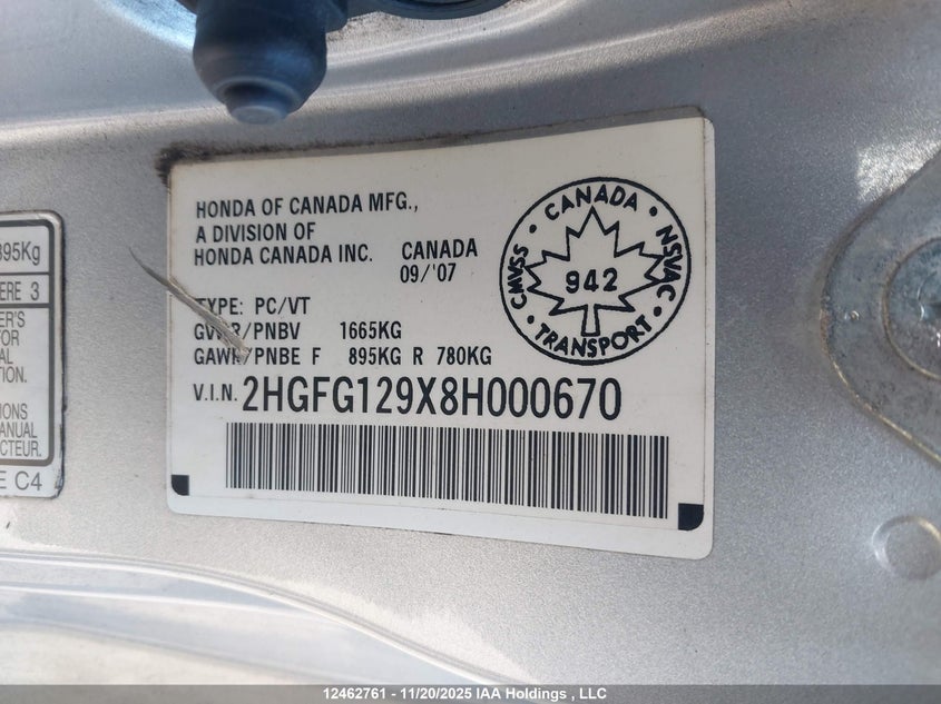 2HGFG129X8H000670 2008 HONDA CIVIC photo no. 9