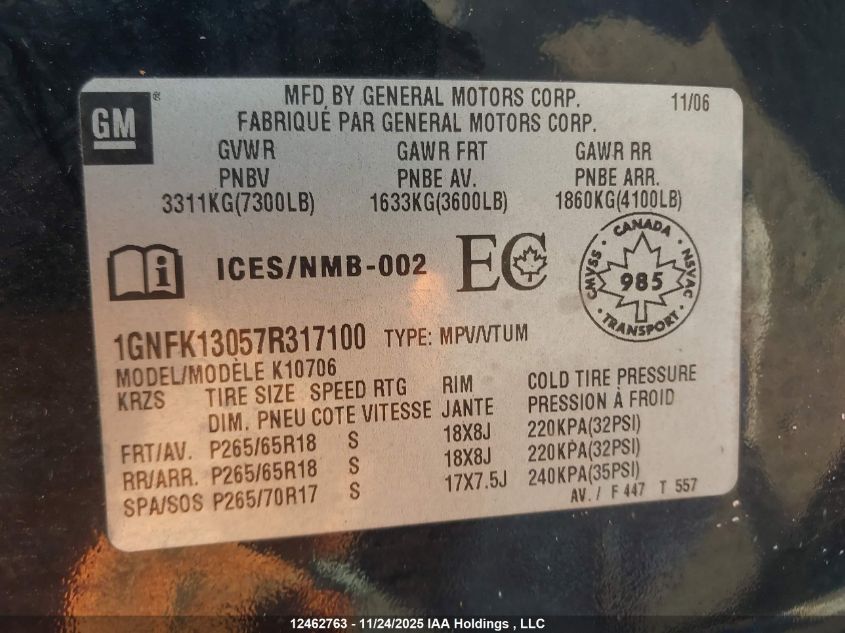 2007 Chevrolet Tahoe VIN: 1GNFK13057R317100 Lot: 12462763