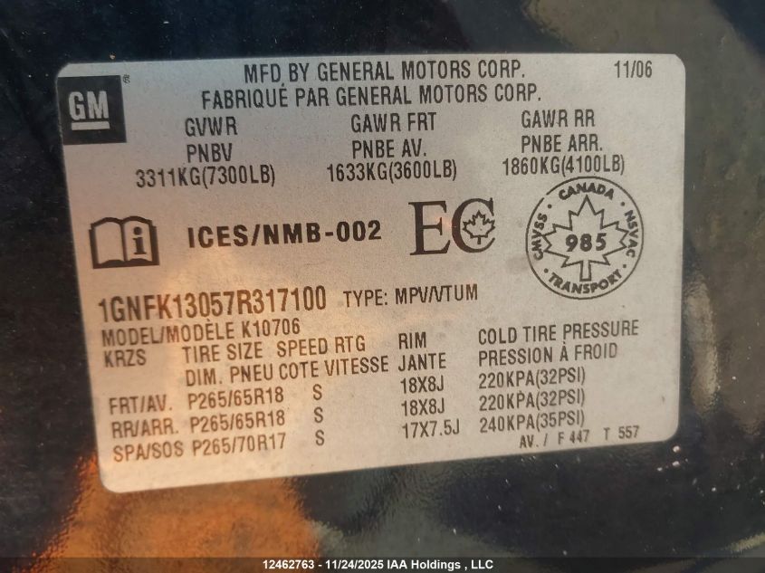 2007 Chevrolet Tahoe VIN: 1GNFK13057R317100 Lot: 12462763