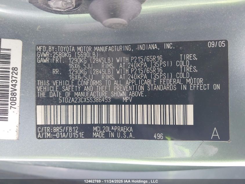 2005 Toyota Sienna Le V6 VIN: 5TDZA23CX5S386453 Lot: 12462769