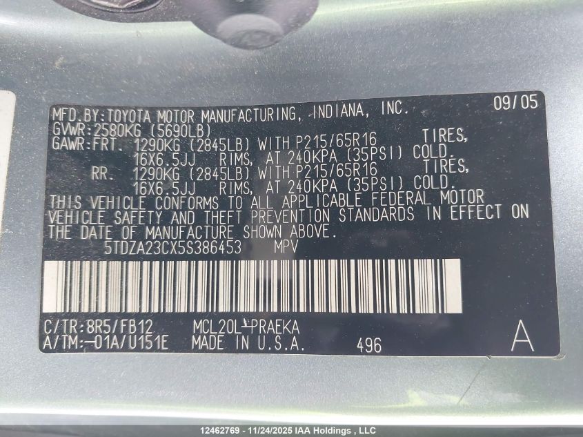 2005 Toyota Sienna Le V6 VIN: 5TDZA23CX5S386453 Lot: 12462769