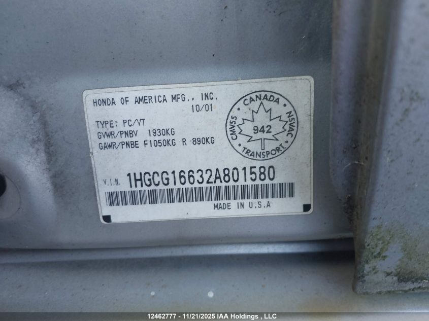2002 Honda Accord VIN: 1HGCG16632A801580 Lot: 12462777