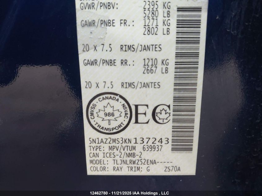 2019 Nissan Murano Platinum/Sl/Sv VIN: 5N1AZ2MS3KN137243 Lot: 12462780